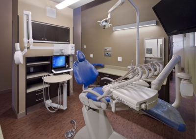 Dental exam room with blue chair at Asprakis & Danti Dentistry